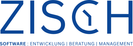 Blaues Logo von Zisch mit Claim